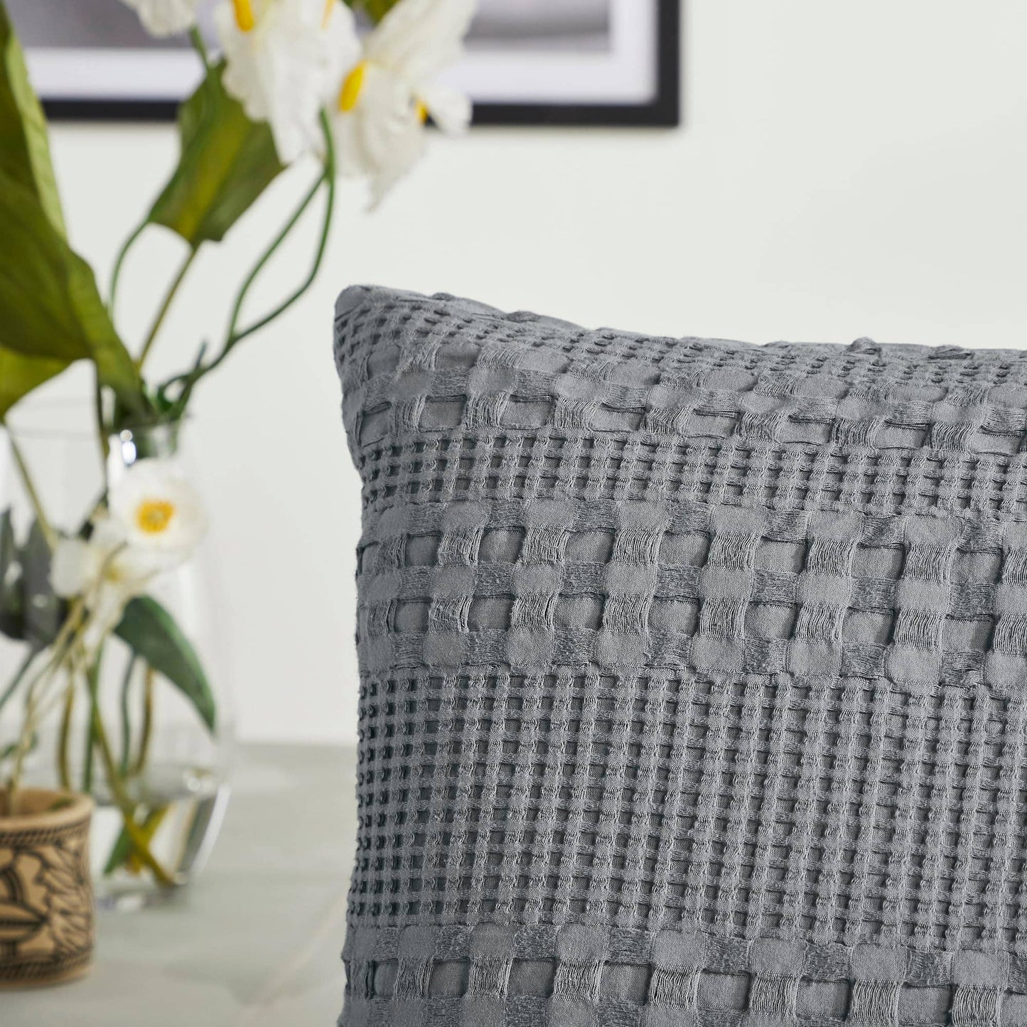 VHC Brands - Dark Gray Waffle Weave Cotton Queen Sham Set of 2 20x30