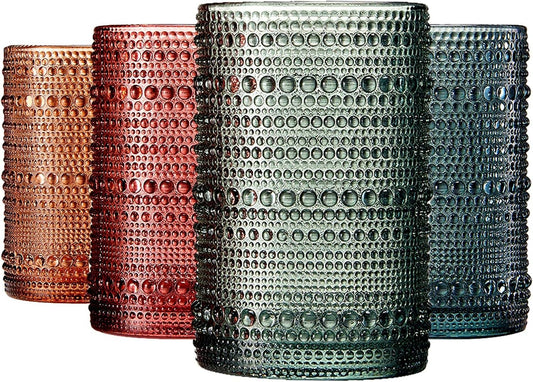 The Wine Savant /  Khen Glassware - Beaded Highball Drinking Glasses | Set of 4 | Muted Color