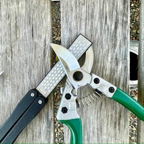 Celtic Farm LLC - Garden Tool Sharpener - Diamond + Carbon Steel Hone Reversible Paddle For Sharpening Pruners, Clippers Mower Blades and Scissors