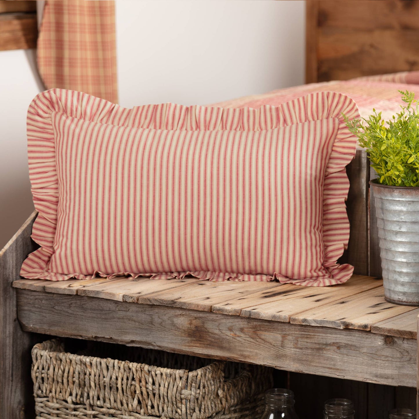VHC Brands - Sawyer Mill Red Ticking Stripe Ruffled Pillow 14x22