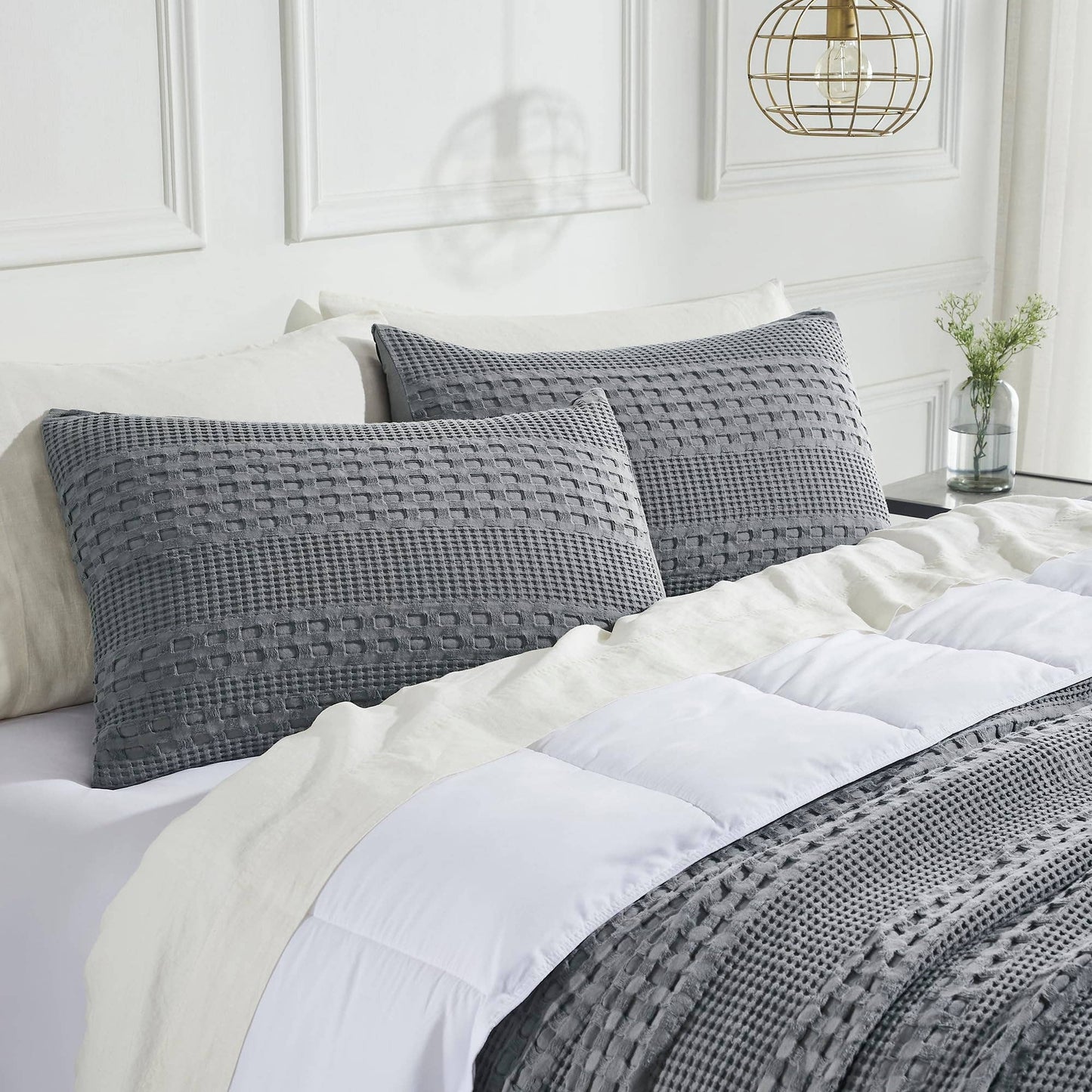 VHC Brands - Dark Gray Waffle Weave Cotton Queen Sham Set of 2 20x30