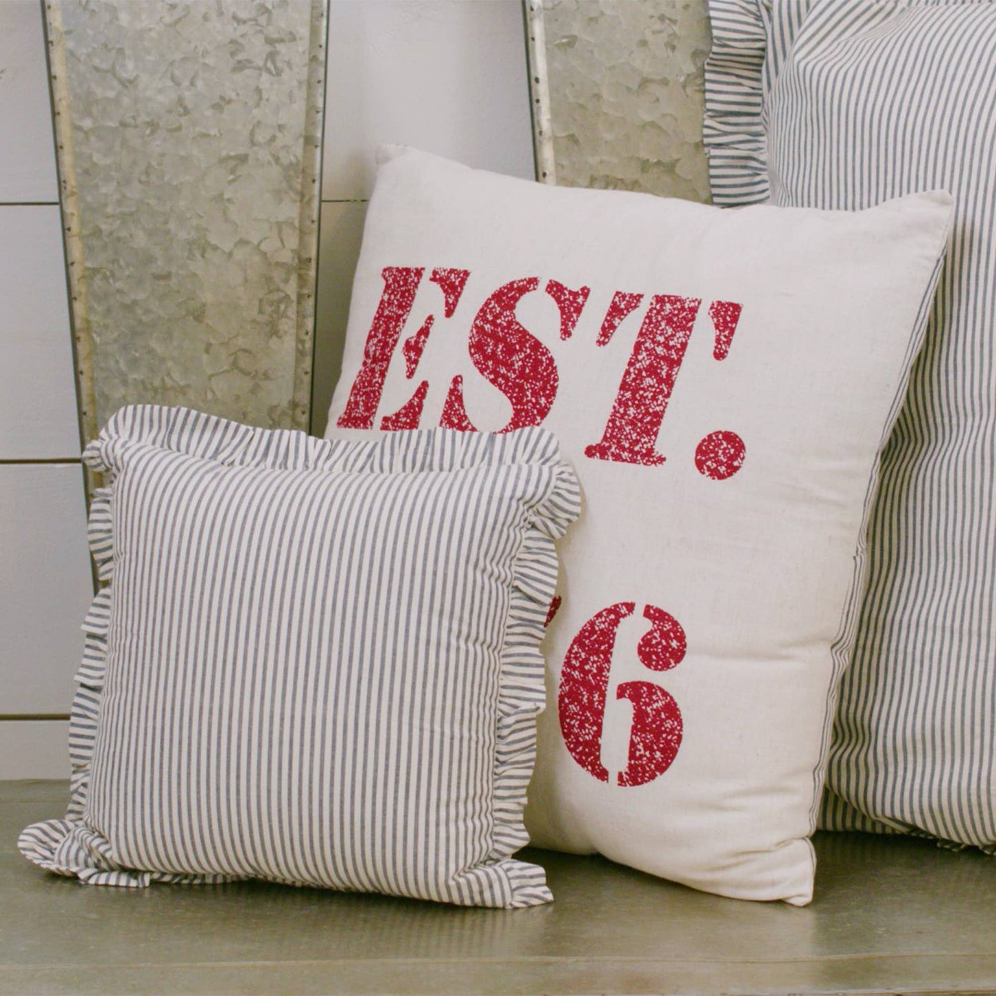 VHC Brands - Farmhouse Ticking Stripe Pillow 12x12 – Blue Seersucker