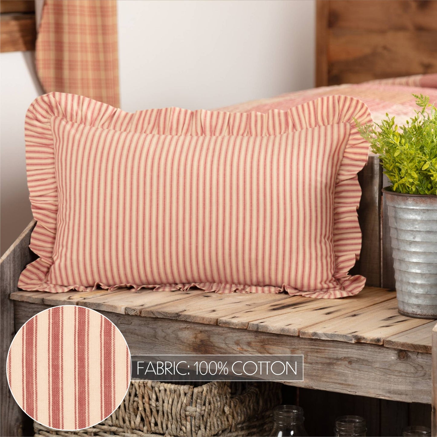 VHC Brands - Sawyer Mill Red Ticking Stripe Ruffled Pillow 14x22